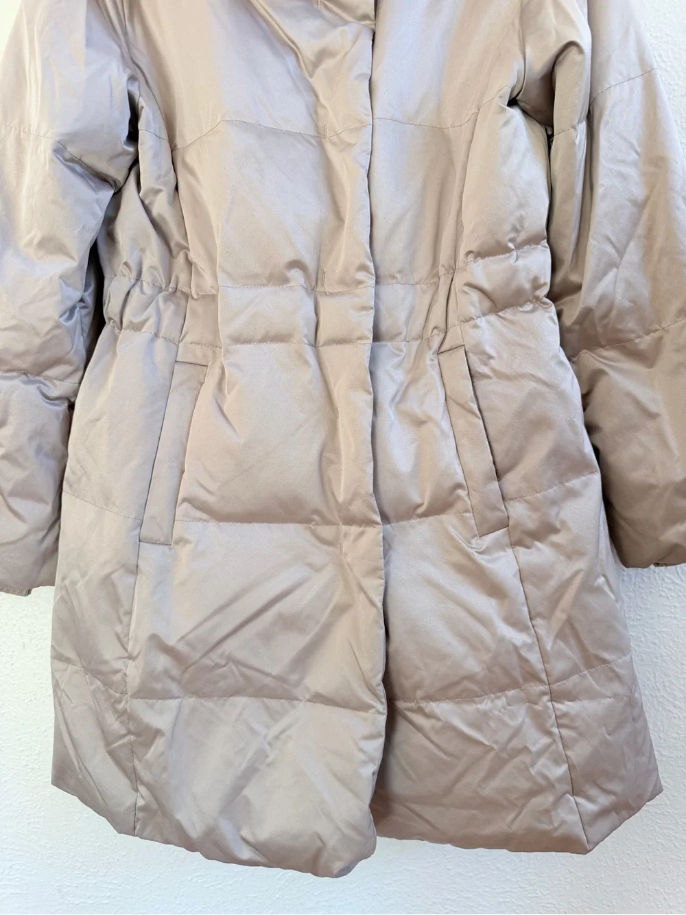 J Jill taupe puffer down fill adjust waist straps parka
